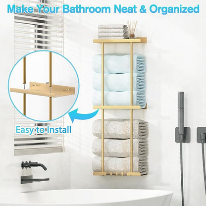 Towel Rack for Bathroom, Wall Mounted Vertical Rolled Towel Storage Organizer Holder with Shelf, Holds Up 6 Large Bath Sheets, Gold Large Size