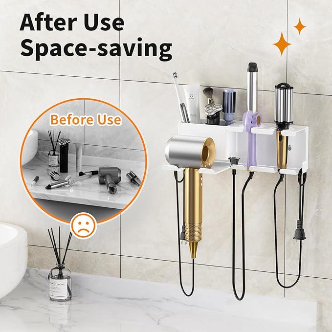 MAYZOLOP Hair Dryer Holder, Hair Tool Organizer, Blow Dryer Hanger Wall Mount for Dryer Hook, Bathroom Space-Saving Blow Dryer Organizer, Curling Irons Storage Wall Mounted White