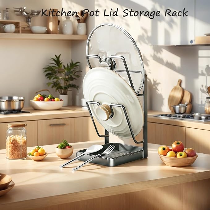 Kitchen Pot Lid Storage Rack, Stainless Steel Pot Lid Holder While Cooking for Countertop, Multifunctional Pots Lids Organizer Rack with Removable Drip Tray for Spatulas, Ladles & Large Lids (White2)