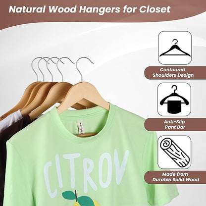 Kings Lifestyle Hub Wooden Hangers Premium Natural Bamboo Wood Hanger Well Polished Ergonomic Design & Sharply Cut Notches with Swivel Hook (Light Brown, Pack of 30)
