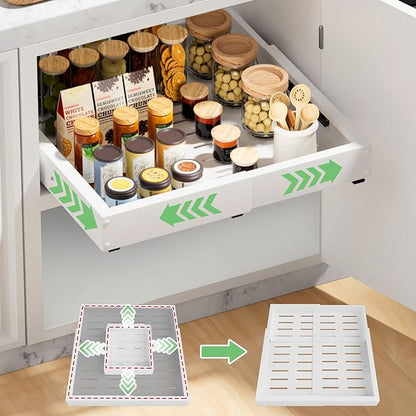BUFOR 1 Pack Pull out Cabinet Organizer, Width (12"-19") Depth (17"-23"), with 3 Rails Adjustable Slide, Expandable Pullout Drawers for Cabinets, No Drill Adhesive Kitchen Drawers for Pantry Shelves
