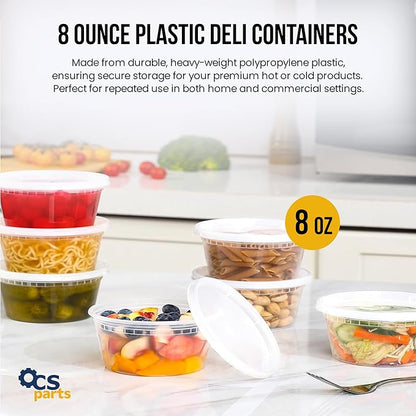 OCS Parts 48-Pack Round 8 Ounce Plastic Deli Containers with Lids | Stackable, Microwavable, Freezer and Dishwasher Safe BPA Free Food Prep and Storage Containers