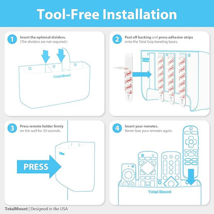 TotalMount Hole-Free Remote Holder – Eliminates Need to Drill Holes in Your Wall (Premium Black Holder for 3 or 4 Remotes)