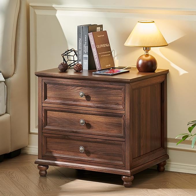Joaxswe Farmhouse Nightstand with Charging Station, 24" Wide End Table with 3 Drawers,Wood Dresser Cabinet for Bedroom, Bed Side Table Chest of Drawers,Night Stand for Living Room, Closet,Brown
