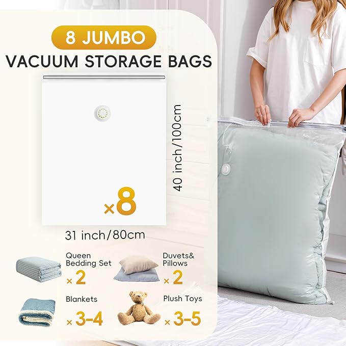 MoJoTools Vacuum Storage Bags - 8 Extra Large Jumbo storage Space Saver Bags (40x31 Inch) for Bedding,Comforters,Blankets,Clothing,Pillows,Jackets,Coats - Vacuum Seal Bags for Home Organization