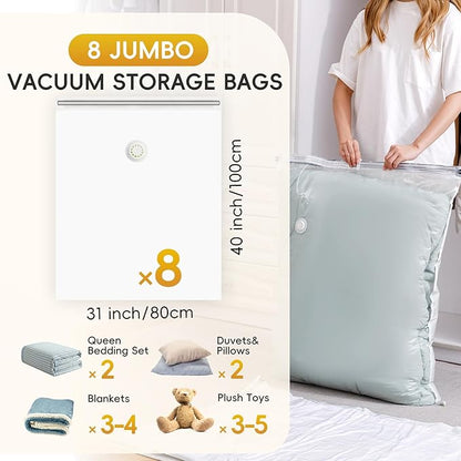 MoJoTools Vacuum Storage Bags - 8 Extra Large Jumbo storage Space Saver Bags (40x31 Inch) for Bedding,Comforters,Blankets,Clothing,Pillows,Jackets,Coats - Vacuum Seal Bags for Home Organization