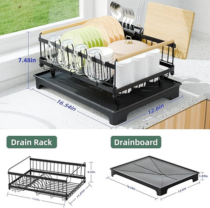 Vathingood Dish Drying Rack, Drying Rack with Automatic Drainboard, Dish Racks for Kitchen Counter, Rustproof Dish Drainer with Removable Utensil Holder, Cups Holder,Black