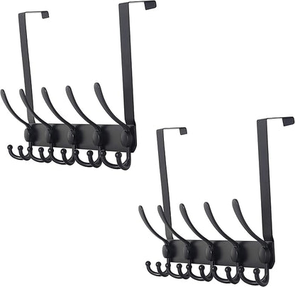 Dseap Over The Door Hook Hanger - Fits 1 3/8" to 1 3/4" Standard Doors | 5 Tri Hooks Heavy Duty Towel/Coat Rack | Door Organizer for Clothes, Jackets, Hats, Towels, Black, Pack of 2