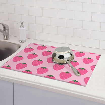Absorbent Dish Drying Mat For Kitchen Counter, Strawberry Pink Fruit Microfiber Dish Drying Pad, Kitchen Gadgets For Easy Clean Multi-Use