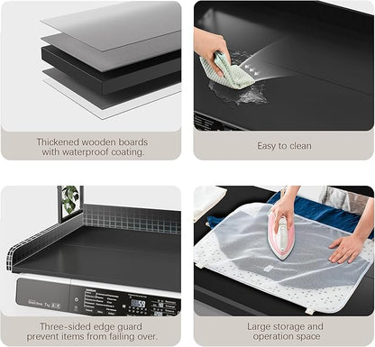 DTK Washer Dryer Countertop with Shelf, 27.55" Depth x 54" Width Laundry Wood Top Cover with Anti-Slip Strips, Over Washer and Dryer Wood Countertop with Edge Rails, Black