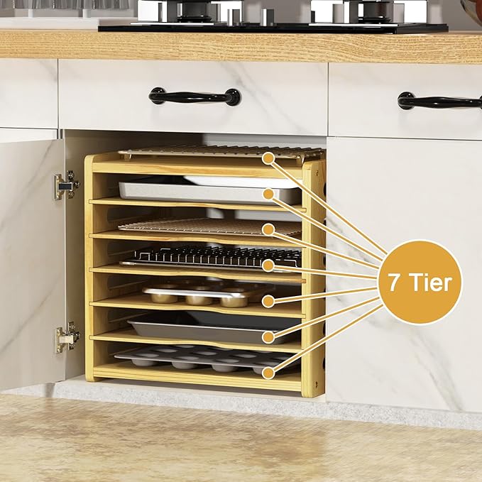 sandpaint 7 Tier Wooden Cabinet Tray Dividers,Kitchen Cabinet Tray Divider for Pans, Storing pans, Baking trays, Cutting Board