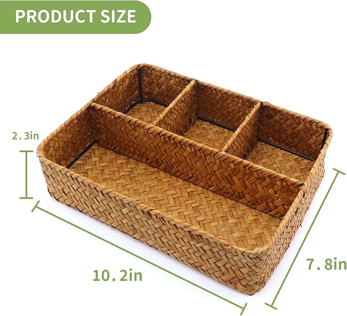 Wicker Baskets 4-Section Tea Bag/Sugar Packet Holder,Seagrass Woven Compartment Organizer,Storage Rattan Divided Basket,Office-Desk Baskets for Shelves,Pantry,Coffee Organizer,Countertops-Brown