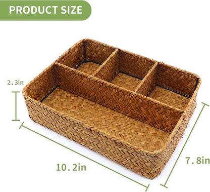 Wicker Baskets 4-Section Tea Bag/Sugar Packet Holder,Seagrass Woven Compartment Organizer,Storage Rattan Divided Basket,Office-Desk Baskets for Shelves,Pantry,Coffee Organizer,Countertops-Brown