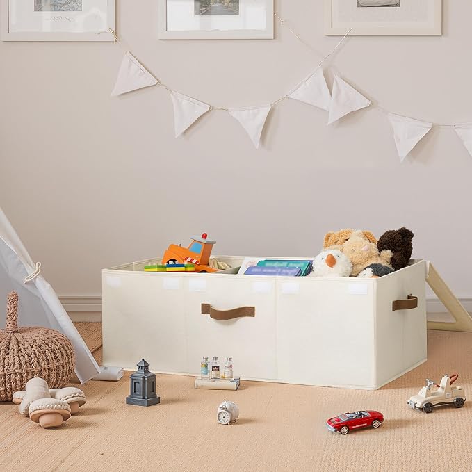 StorageWorks Large Toy Storage Bins with Lids, Collapsible Sturdy Toy Chests, Storage Chests with Dividers for Nursery, Living Room, Playroom, Bedroom, Beige, 2-Pack