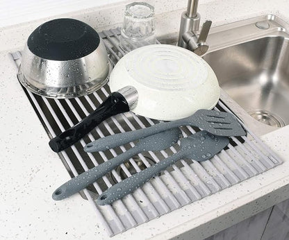 Surpahs 20.5 x 13.1 Inch Roll-Up Dish Drying Rack, Fits Sinks up to 19.5 Inch Wide, Heavy-Duty Premium Silicone, Strong Support, Non-Slip, Heat-Resistant, Warm Gray