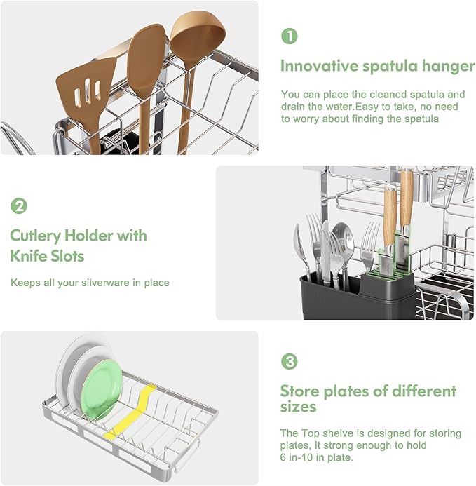 BOOSINY 2 Tier Stainless Steel Dish Drying Rack for Kitchen Counter, Large Dish Dryer Rack for Saving Space, Dish Drainers with Cup Holder & Utensil Holders, Silver
