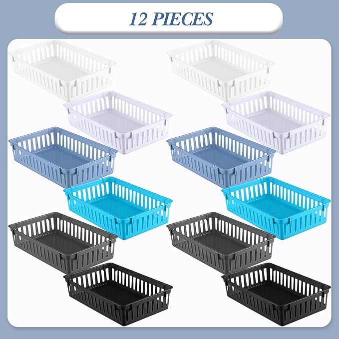 Wenqik Set of 12 Plastic Baskets for Organizing 10.24 x 6.5 x 2.36 Inch Rectangular Trays Plastic Organizer Bins Rectangle for Desk Organization (Multi Color)