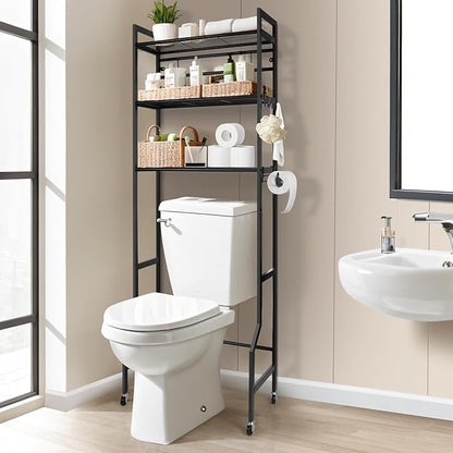 IIQ 3-Tier Metal Bathroom Organizer Shelf, Over The Toilet Storage,Freestanding Above Toilet Rack with Universal Wheels Toilet Paper 2 Holder Hooks,Simple Morden