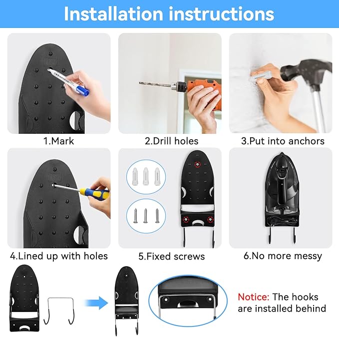 Ironing Board Hanger Wall Mount, Electric Iron and Iron Board Holder Storage with Removable Hooks for Household Bathroom, Laundry Room(Black)