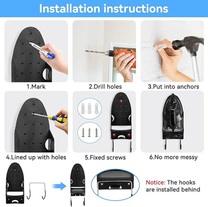 Ironing Board Hanger Wall Mount, Electric Iron and Iron Board Holder Storage with Removable Hooks for Household Bathroom, Laundry Room(Black)