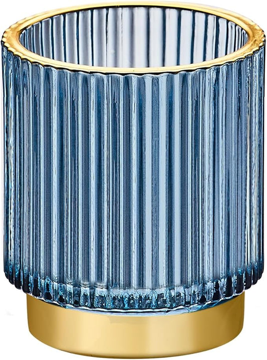 LEICURACE Makeup Brush Organizer, Toothbrush Holder, Desk Pen Pencil Holder, Multifunctional Vintage Glass Brush Cup (S/Blue/A3-13-US)