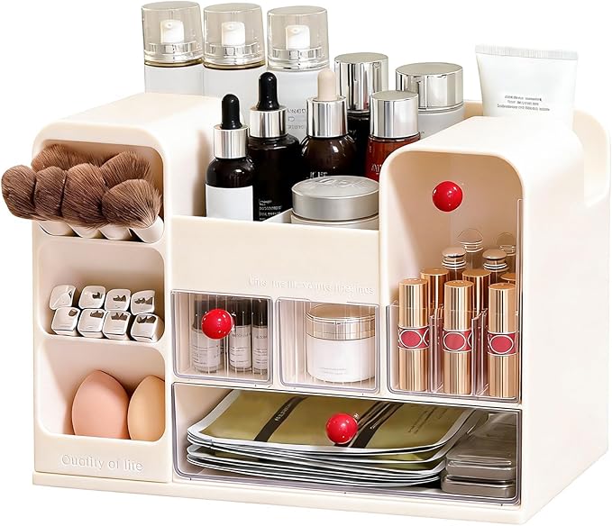 LLNTOU Makeup Organizer for Vanity with Brush Holder, Large Cosmetic & Skincare Organizer Countertop with Muti-Drawers, Cosmetic Display Case for Lipsticks, Nail Polishes, Perfumes, Eyeshadow (cream)