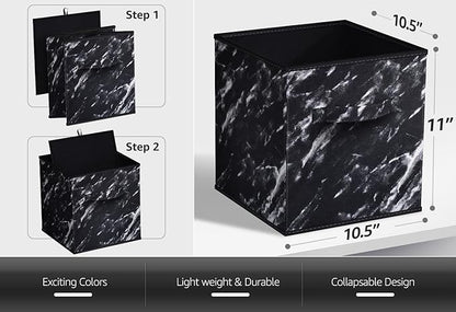 Sorbus Collapsible Fabric Storage Cubes - 11" Foldable Organization Baskets with Handle - 4 Black Marble for Pantry, Closet, Nursery, Dorm, Toy Storage