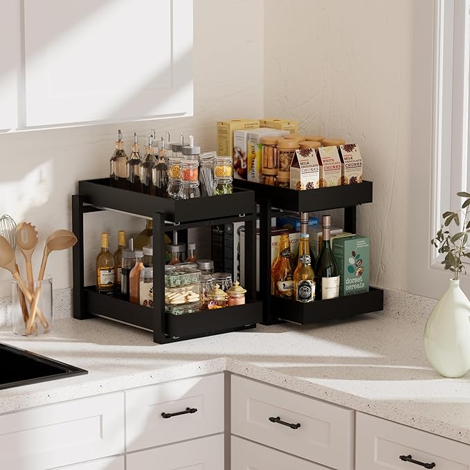 2 Pack Under Sink Organizer, Bamboo Wooden 2-Tier Pull-Out Storage with Sliding Drawers for Kitchen and Bathroom Cabinets, Easy Installation (Black, 1 pack)