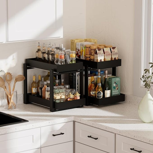 2 Pack Under Sink Organizer, Bamboo Wooden 2-Tier Pull-Out Storage with Sliding Drawers for Kitchen and Bathroom Cabinets, Easy Installation (Black, 2 Packs)