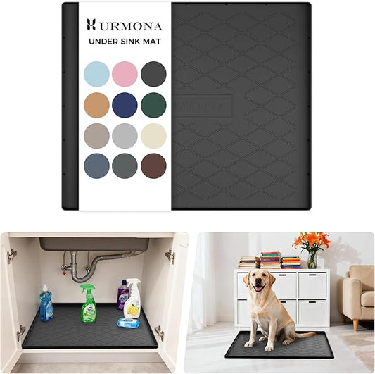 URMONA Under Sink Mat for Kitchen Waterproof, 25" x 19" Silicone Under Sink Mat for Shelf Liner Organizer, Cabinet Sink Protector Under Sink Liner for Bottom Kitchen, Bathroom(Black)