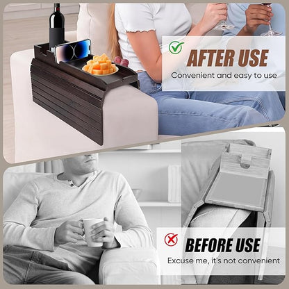 Foldable Bamboo Couch Arm Tray with Cup Holder - Anti-Slip Sofa Armrest Organizer for Drinks, Snacks, Remotes, Phones & More - Eco-Friendly Home Decor Gift (Brown)