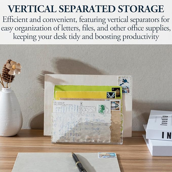 MyGift 2 Slot Modern Ripple Texture Premium Clear Acrylic Desktop Mail Holder Letter Sorter, Transparent Office Desk Paper File Divider Vertical Storage Rack