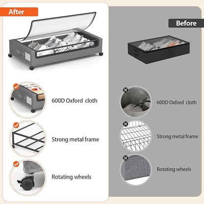 Under Bed Storage Containers with Wheels - Foldable Organizer Bins for Blankets, Clothes, Shoes, Toys, and Comforters.Capacity, Space Saving, Easy Pull Out, Clear PVC (Gray-1)