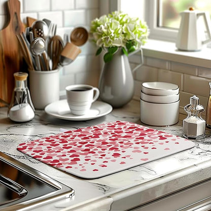Wnoesat Valentines Dish Drying Mat Pink Red Love Hearts Valentine Drying Mats for Kitchen Counter Absorbent Microfiber Reversible Dish Draining Mat Medium Dishes Pad 16 X 18 Inch