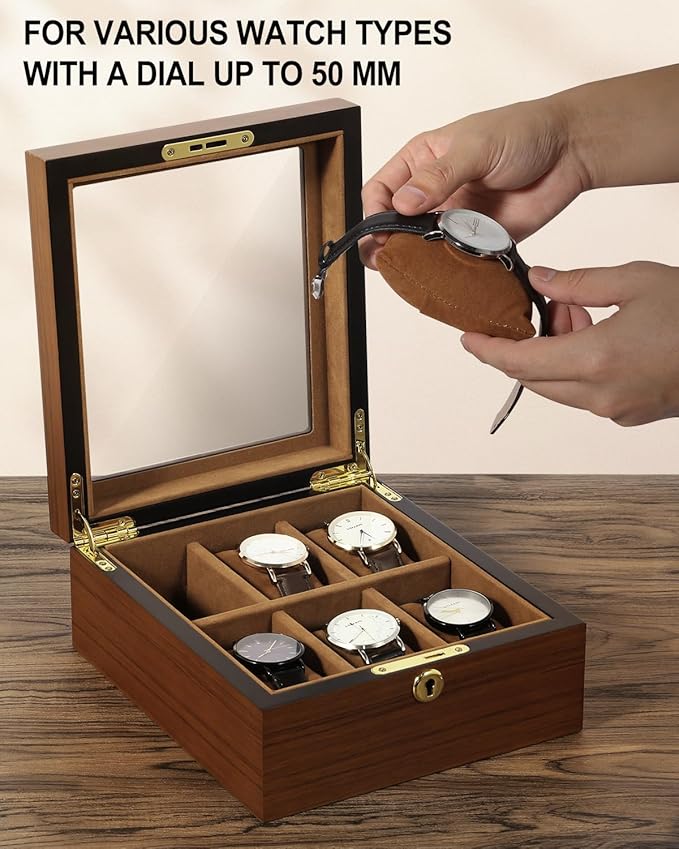 Uten Watch Box with 6 Slots, Watch Case Organizer with Golden Lock and Key, Wooden Watch Display Storage Box with Removable Watch Cushions, Velvet Lining, Metal Clasp