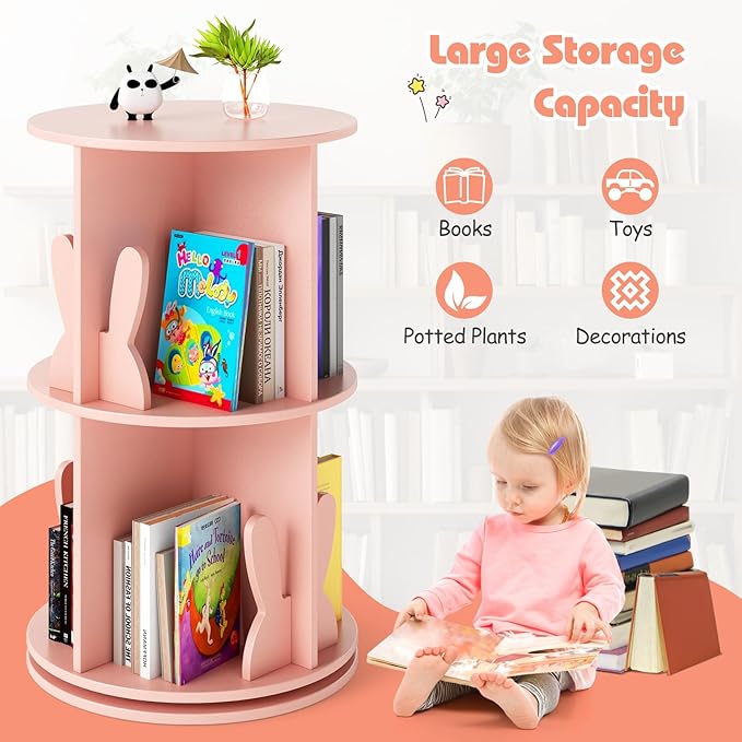 Costzon Kids Rotating Bookshelf, 2 Tier Small Book Shelf with Bookends, 360° Display Spinning Bookshelf Tower, Corner Bookshelf for Small Space, Kids Room, Bedroom, Nursery (Pink)
