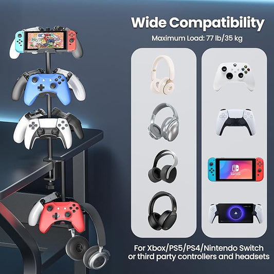 Rotatable Aluminum Desk Clamp Controller Holder, 4 Tier Universal Under Desk Controller Headphone Stand Compatible with Xbox PS5 Nintendo Switch PS4, Gaming Headset Holder Hanger (Black)