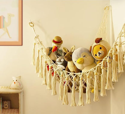 Stuffed Animal Toy Storage Hammock with LED Light - Macrame Jumbo Doll Corner Stuff Animals Organizer Decorations - Cute Hanging Plushie Net Kids Baby Nursery Bedroom Room Decor