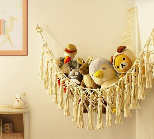 Stuffed Animal Toy Storage Hammock with LED Light - Macrame Jumbo Doll Corner Stuff Animals Organizer Decorations - Cute Hanging Plushie Net Kids Baby Nursery Bedroom Room Decor