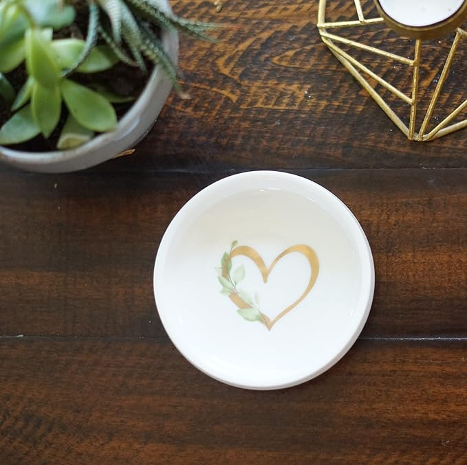 Heart Dish in Gold Foil with Greenery - White Ceramic Tray- Jewelry Trinket Ring Candy Nesting Circle Round Bowl - Favor Decorative Decor - Mom Bridesmaid Friend - Cedar & Ink (1 Heart)