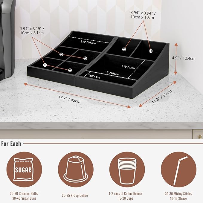 Coffee Station Organizer for Countertop, Condiment Service Organizer, Coffee Bar Supplies Caddy for Home, Office and Breakroom - Wooden, Black, 9 Compartment, Two-in-One