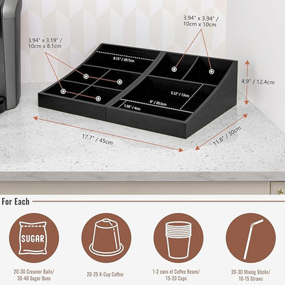 Coffee Station Organizer for Countertop, Condiment Service Organizer, Coffee Bar Supplies Caddy for Home, Office and Breakroom - Wooden, Black, 9 Compartment, Two-in-One