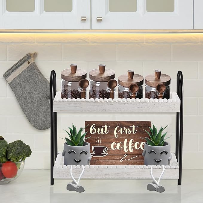 2 Tier Coffee Bar Organizer, Wood Coffee Bar Accessories Shelf for Countertop, Rustic Coffee Station Organizer Decor Stand Rack for Mugs Cups Syrup, Condiment Storage Holder for Kitchen, Home, Office