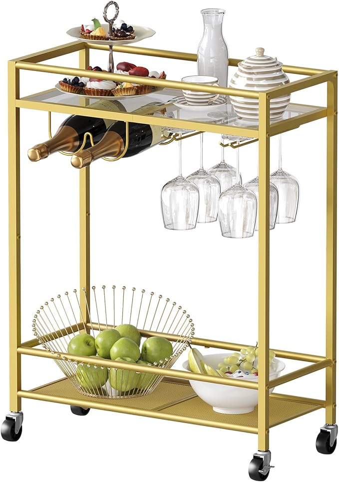 Gold Bar Cart, Beverage Cart with Wheels, Bar Cart for The Home, 2-Tier Drink Cart with Wine Rack and Glass Holder, Kitchen, Dining Room, Gold RCJ63B01Z