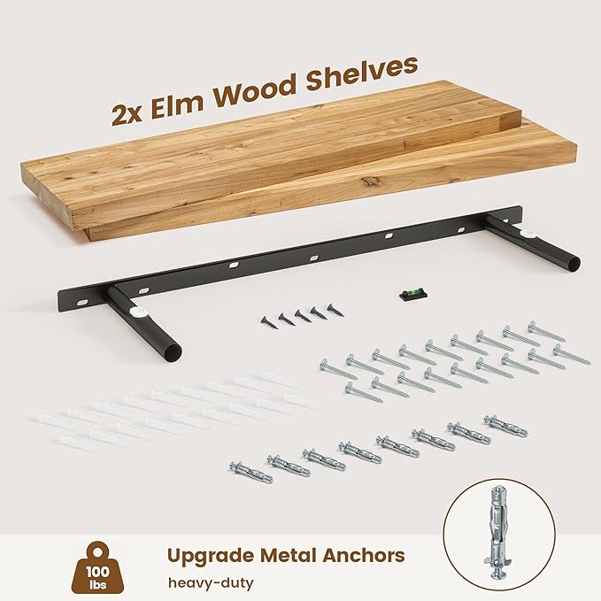 Elm Floating Shelves for Wall Decor, Rustic Solid Wood Shevles Wall Mounted with Invisible Bracket for Living Room Bathroom Bedroom Kitchen, 36 Inch Set of 2, Natural