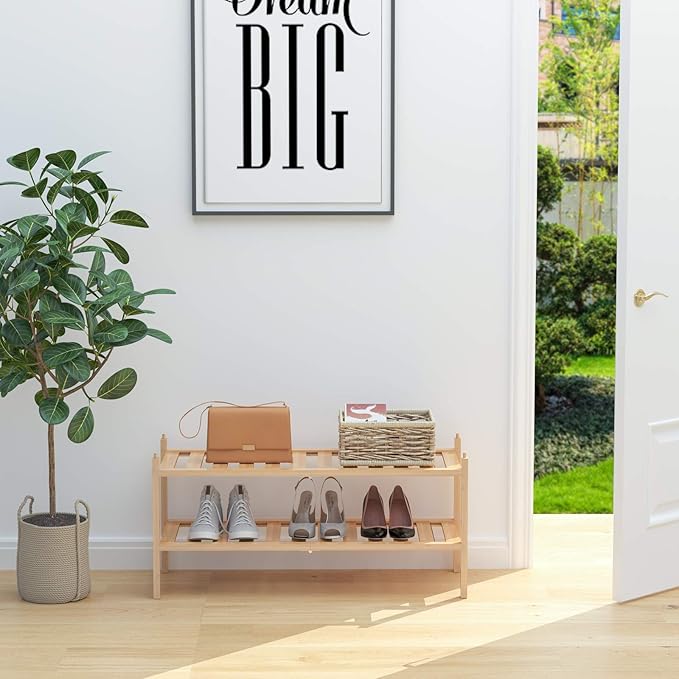 Shoe Rack, 2-Tier Bamboo Stackable Shelf Storage Organizer, Stand for Closet, Entryway, Hallway, Bathroom and Living Room（Natural）