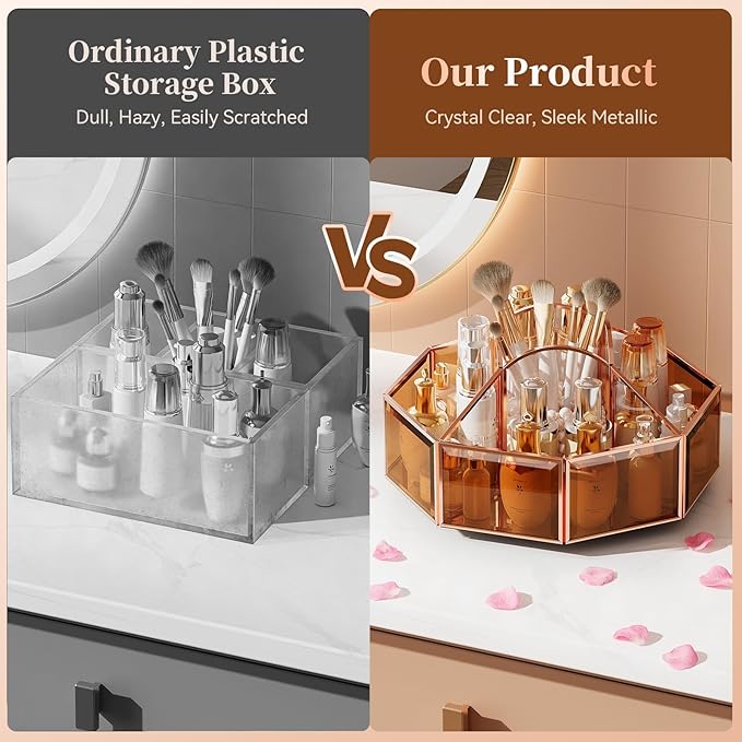 CoralHouse 360° Rotating Makeup Organizer Spinning Vanity Organizer with Makeup Brush Holder for Countertop, Bathroom Storage, Skincare, Perfume & Cosmetic Organizer for Vanity Amber