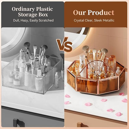 CoralHouse 360° Rotating Makeup Organizer Spinning Vanity Organizer with Makeup Brush Holder for Countertop, Bathroom Storage, Skincare, Perfume & Cosmetic Organizer for Vanity Amber