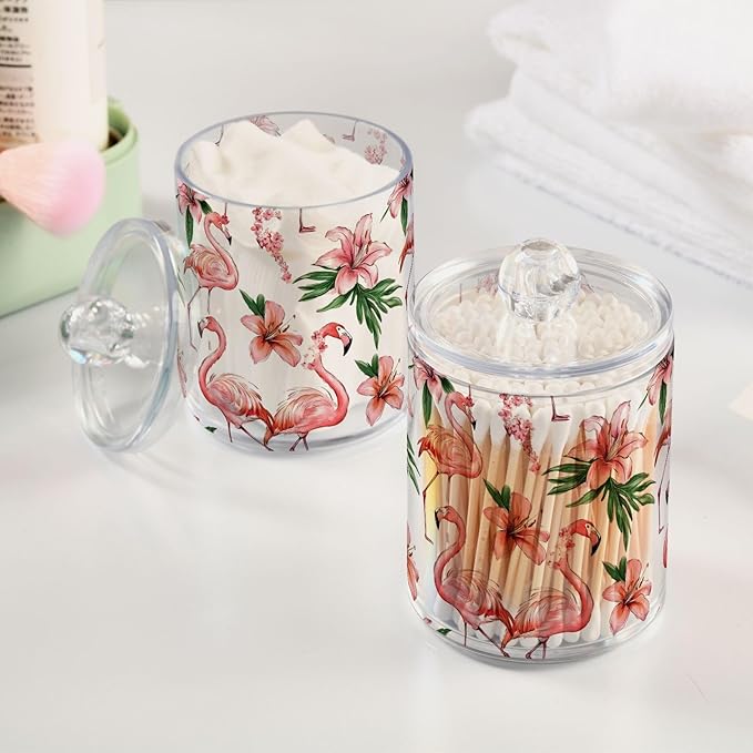 MNSRUU 2 Pack Qtip Holder Organizer Dispenser Pink Watercolor Flamingos Bathroom Storage Canister Cotton Ball Holder Bathroom Containers for Cotton Swabs/Pads/Floss