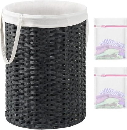 Laundry Basket Round Rattan Laundry Hamper 29.1 Gal(110 L) Handwoven Large Wicker Basket with Handles, Wicker Hamper with Removable Bags and 2 Mesh Bags for Bathroom Living Room Black(No Lid)